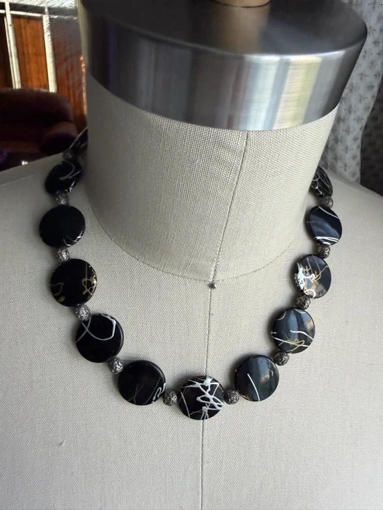 Black Silver and Gold Disc Choker Statement 16” Necklace with Toggle Closure - Picture 7 of 9